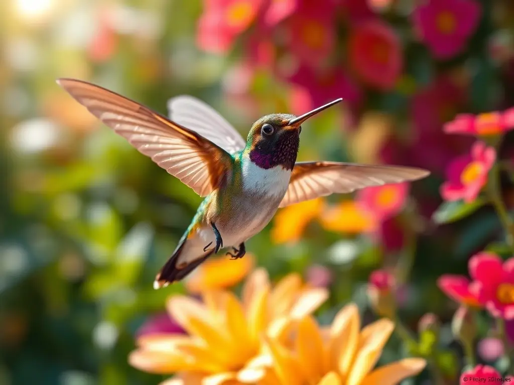 Photorealistic hummingbird en un jardín con colores vibrantes