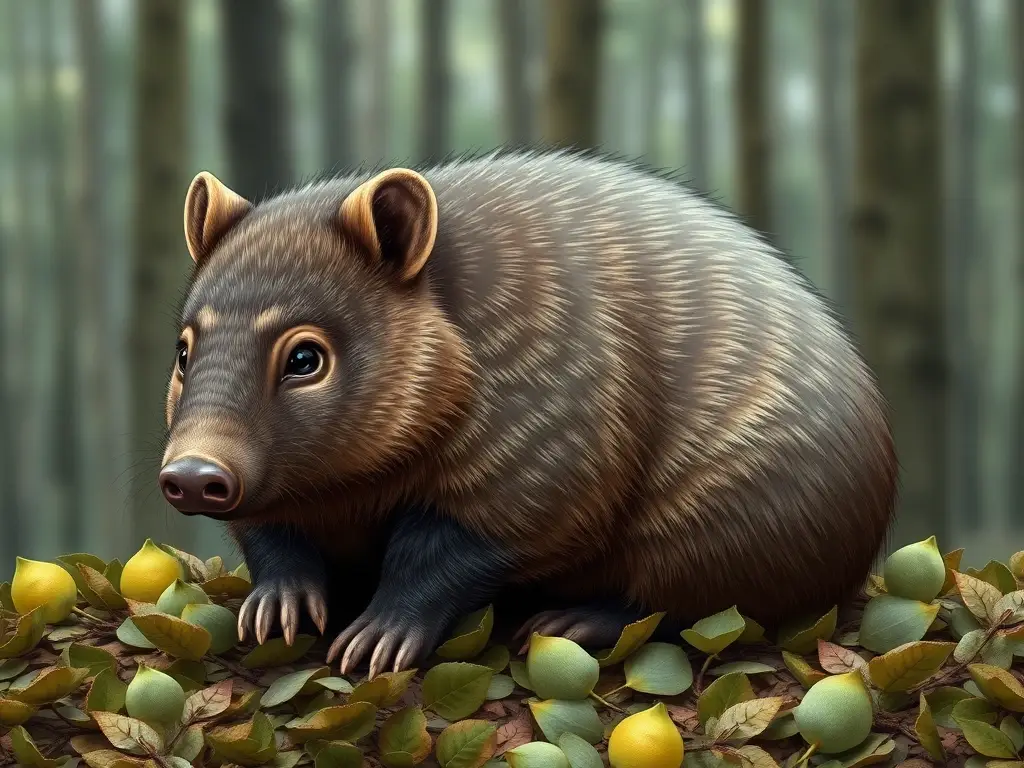Illustration de un wombat gigante de Australia en un bosque con nieve