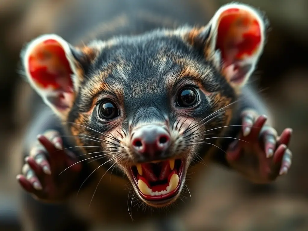 Fotografía realista de un Tasmanian Devil en acción, con ojos salvajes y una boca abierta